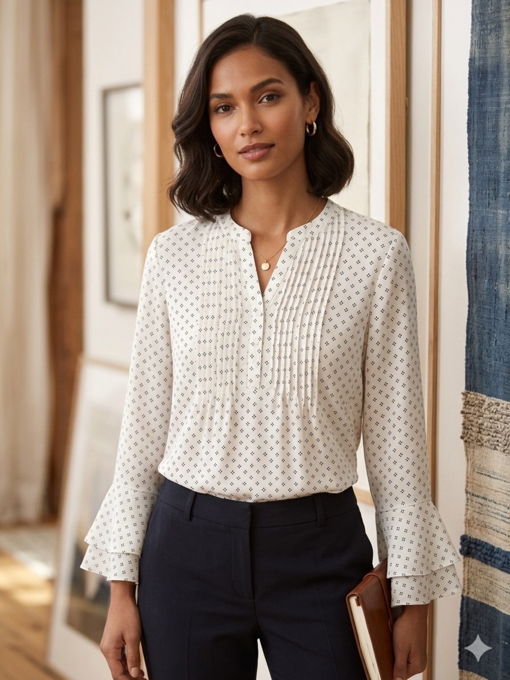 Boho Chic Business Casual Cream & Black Diamond Print Bell Sleeve Blouse